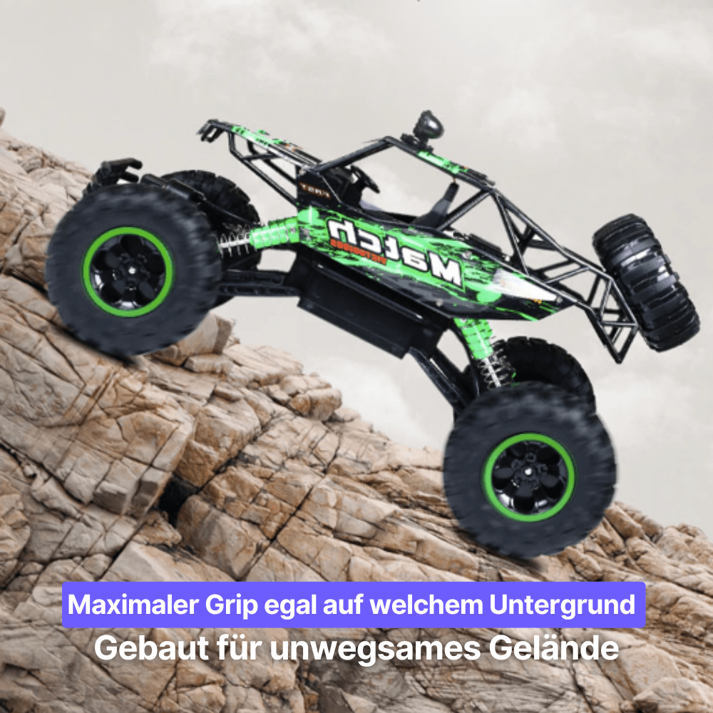 Green and black remote control monster truck on rocky terrain with German text.