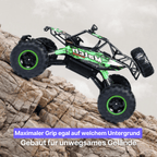 Green and black remote control monster truck on rocky terrain with German text.
