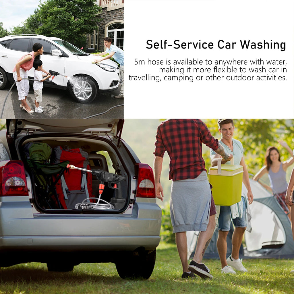 Collage of people washing a car with a 5m hose, car trunk with cleaning equipment, and people with a tent and bucket.