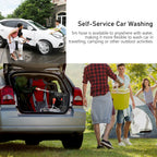 Collage of people washing a car with a 5m hose, car trunk with cleaning equipment, and people with a tent and bucket.