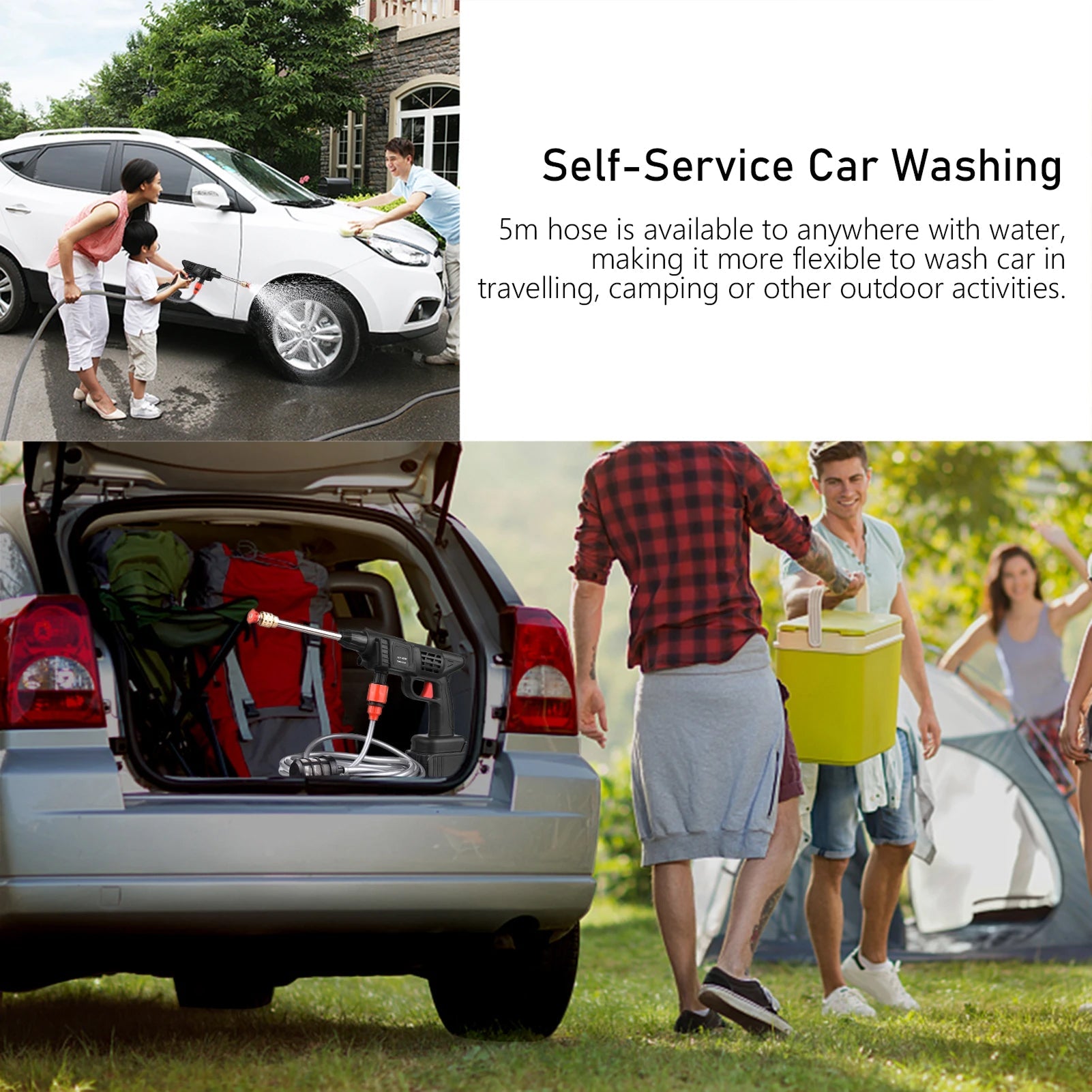 Collage of people washing a car with a 5m hose, car trunk with cleaning equipment, and people with a tent and bucket.