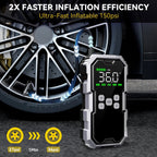 Digital tire pressure monitor inflating a car tire with text highlighting inflation efficiency.