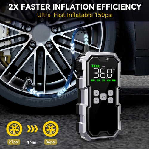 Digital tire pressure monitor inflating a car tire with text highlighting inflation efficiency.