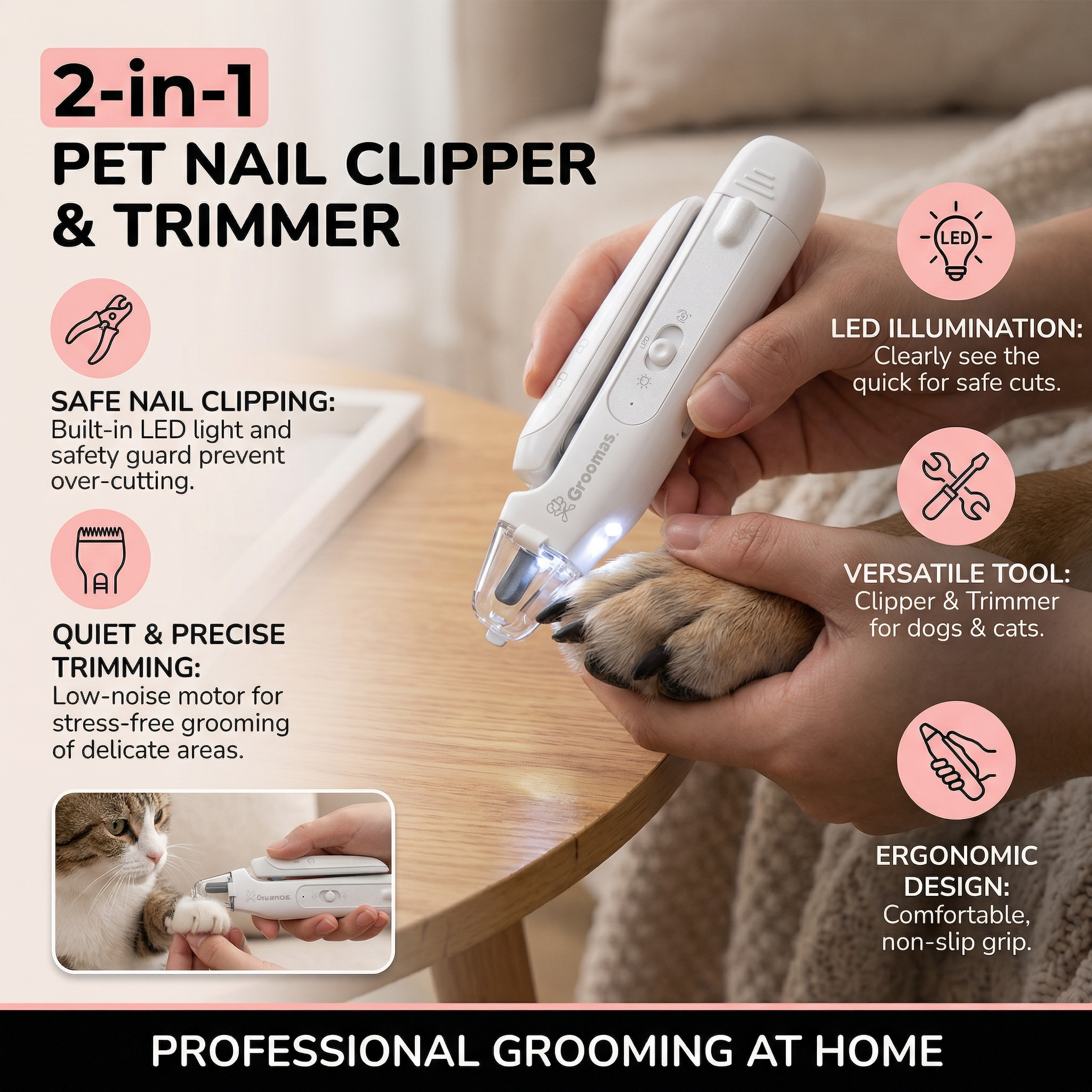 2-in-1 Pet Nail Clipper with LED | Quiet Trimmer for Dogs & Cats