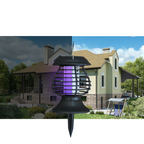 Solar-powered outdoor lamp with house and garden in the background