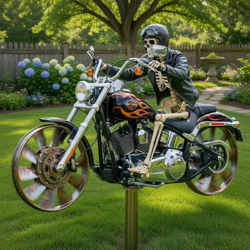 Skeleton figure on a motorcycle in a garden setting