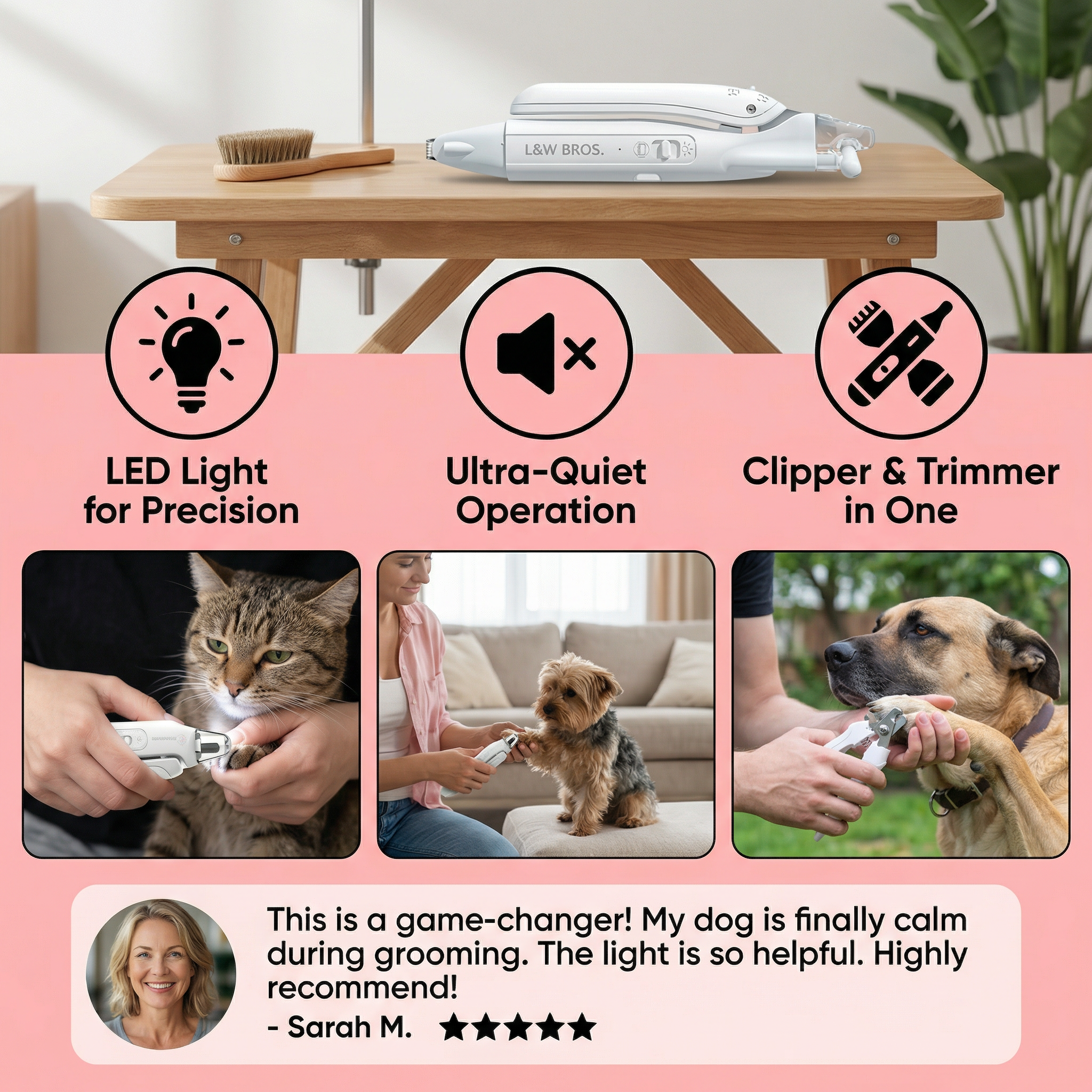 2-in-1 Pet Nail Clipper with LED | Quiet Trimmer for Dogs & Cats