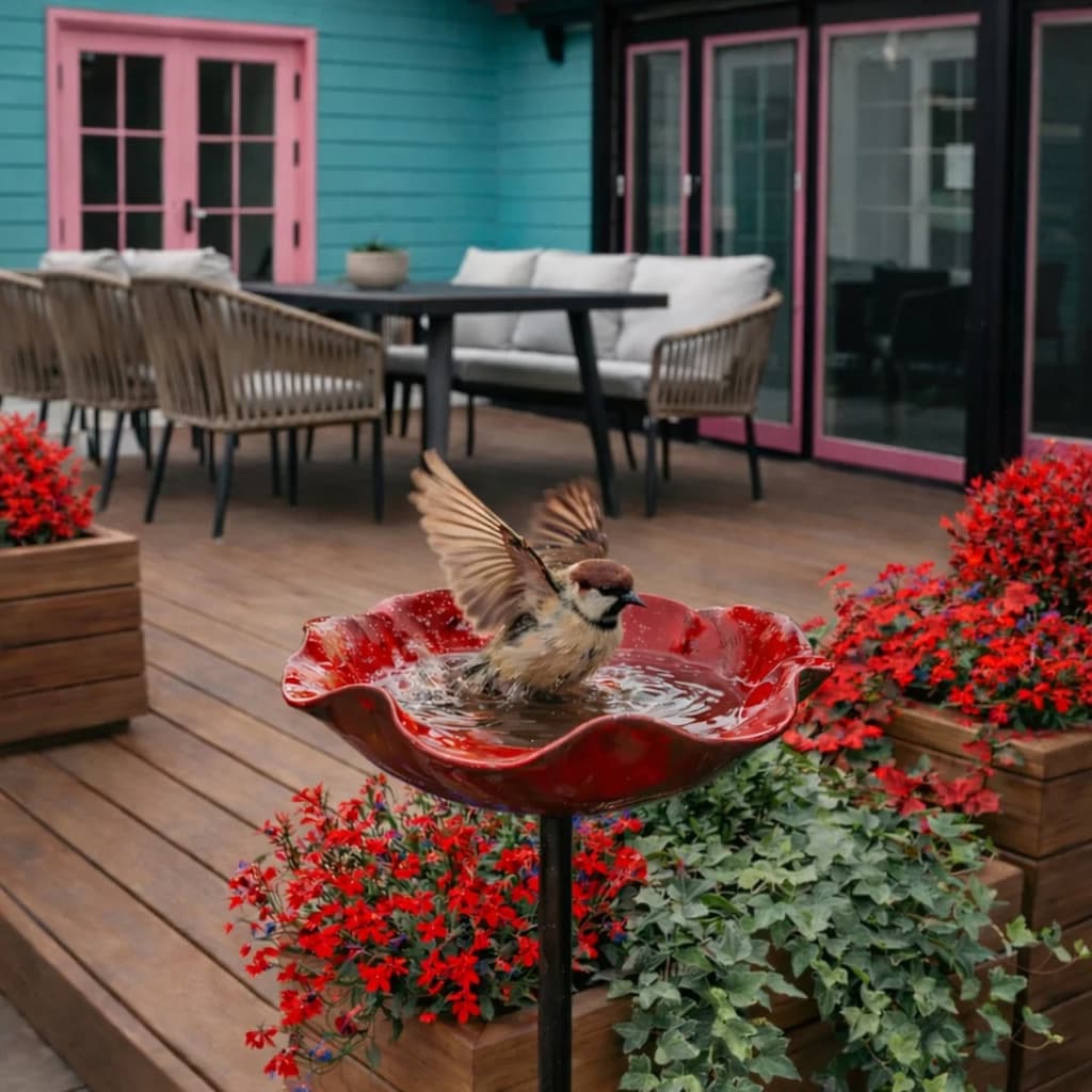 Bird drinking from a red bird bath on a wooden deck with flowers and furniture.