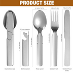 Measurement chart of cutlery including a knife, spoon, fork, and bottle opener with dimensions.