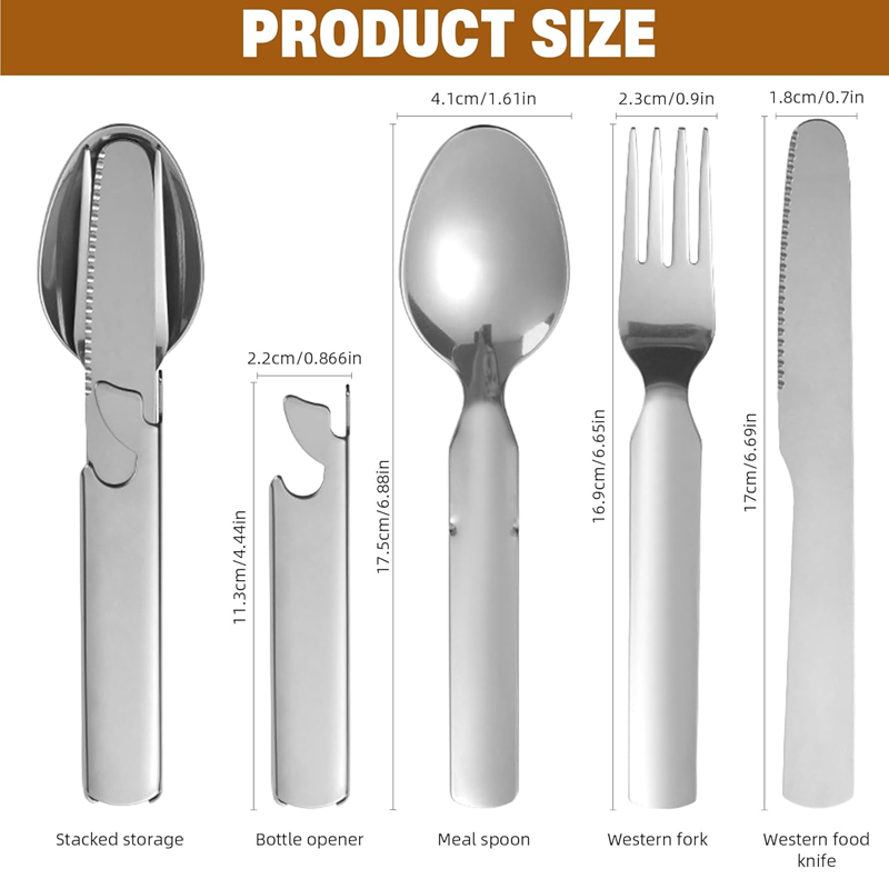 Measurement chart of cutlery including a knife, spoon, fork, and bottle opener with dimensions.
