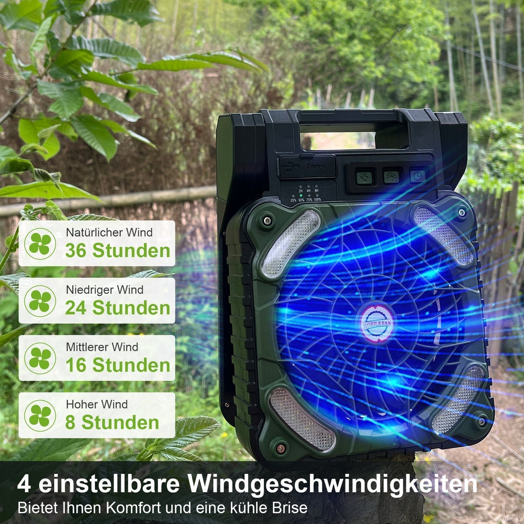 Portable air cooler with blue LED lights in a garden setting
