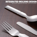 Set of silver cutlery on a wooden surface with text about integrated molding design.