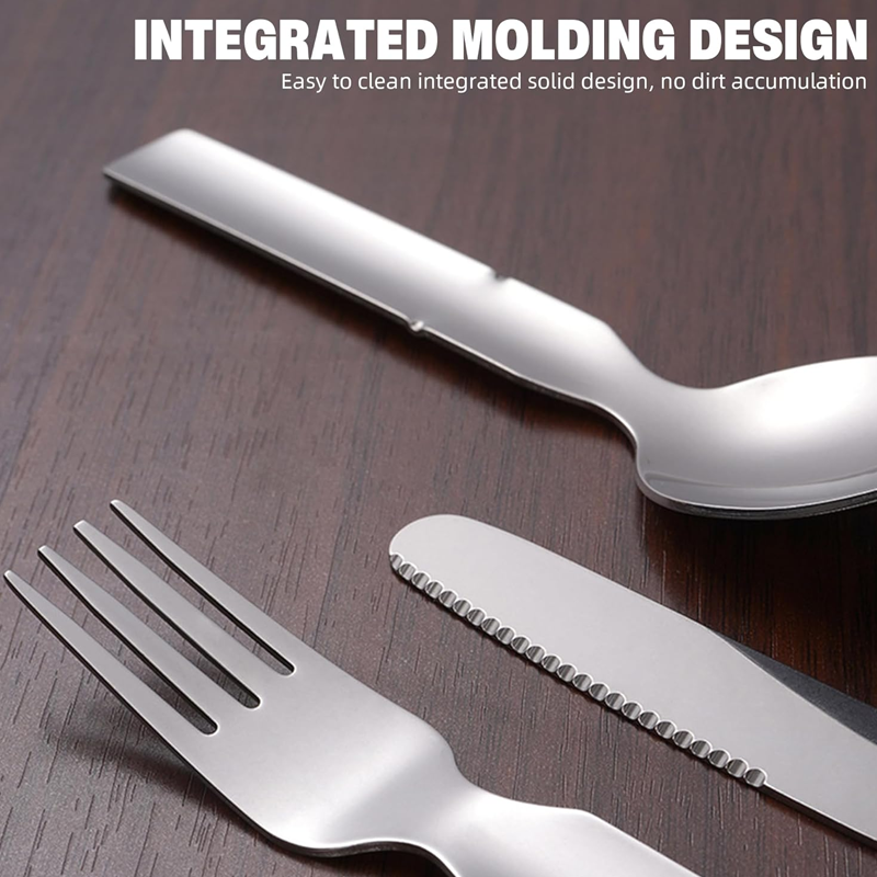 Set of silver cutlery on a wooden surface with text about integrated molding design.