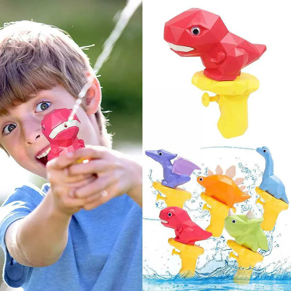 Child playing with a dinosaur water gun toy and a set of colorful dinosaur toys in water.