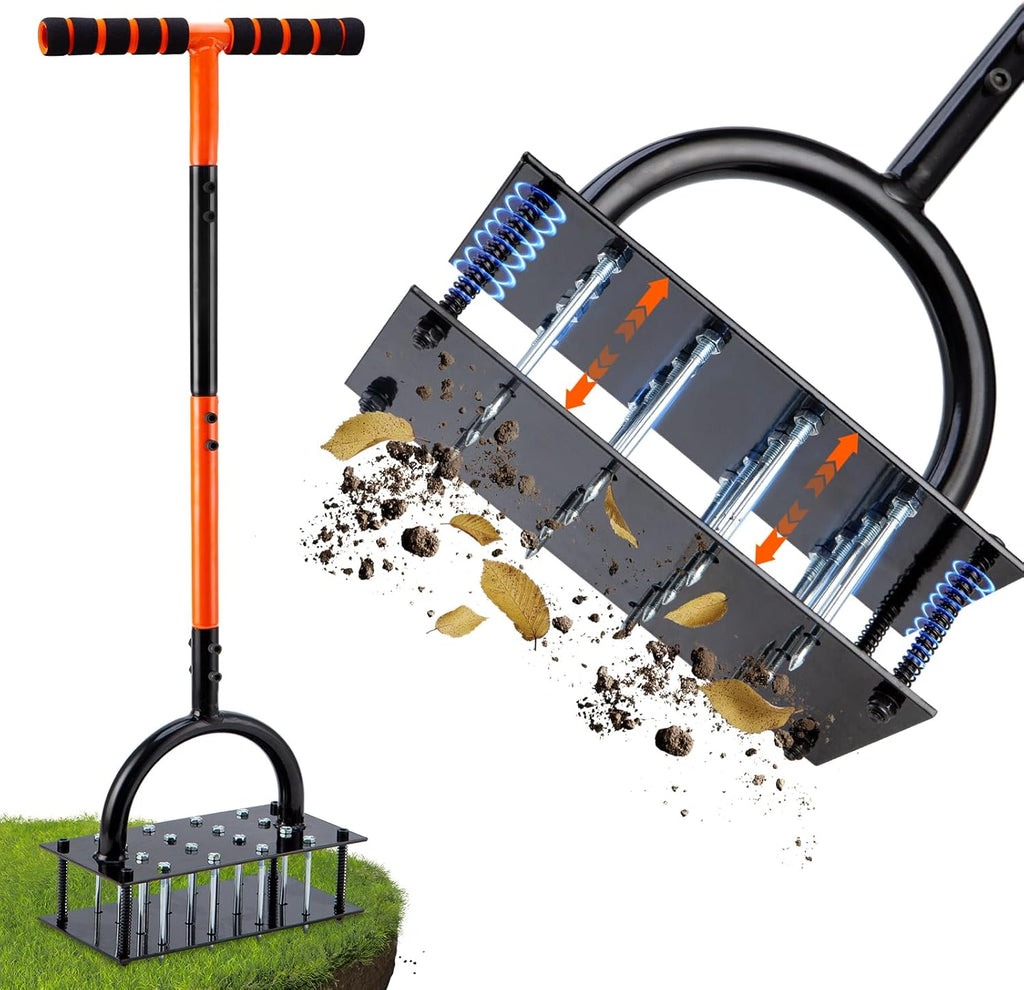 Garden tiller with soil and debris on a white background