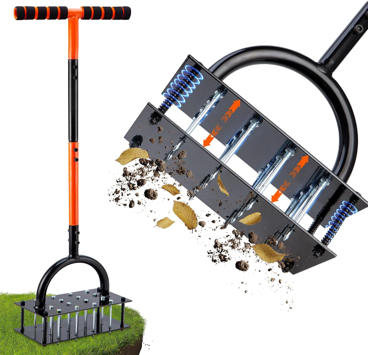 Garden tiller with soil and debris on a white background