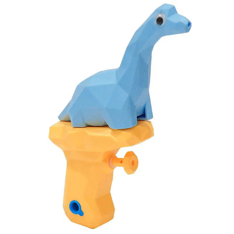 Toy water gun shaped like a blue dinosaur on an orange handle with a white background