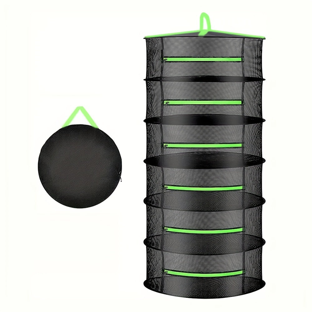 Black mesh plant dryer with green accents on a white background