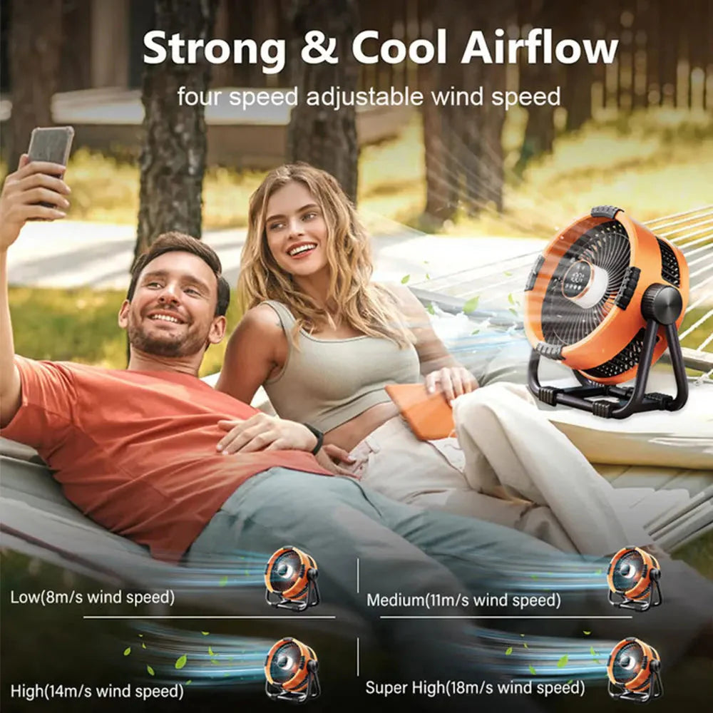 Couple relaxing in a hammock with a fan labeled 'Strong & Cool Airflow' and adjustable speed options.