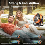 Couple relaxing in a hammock with a fan labeled 'Strong & Cool Airflow' and adjustable speed options.