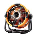 Orange and black fan with digital display on a white background