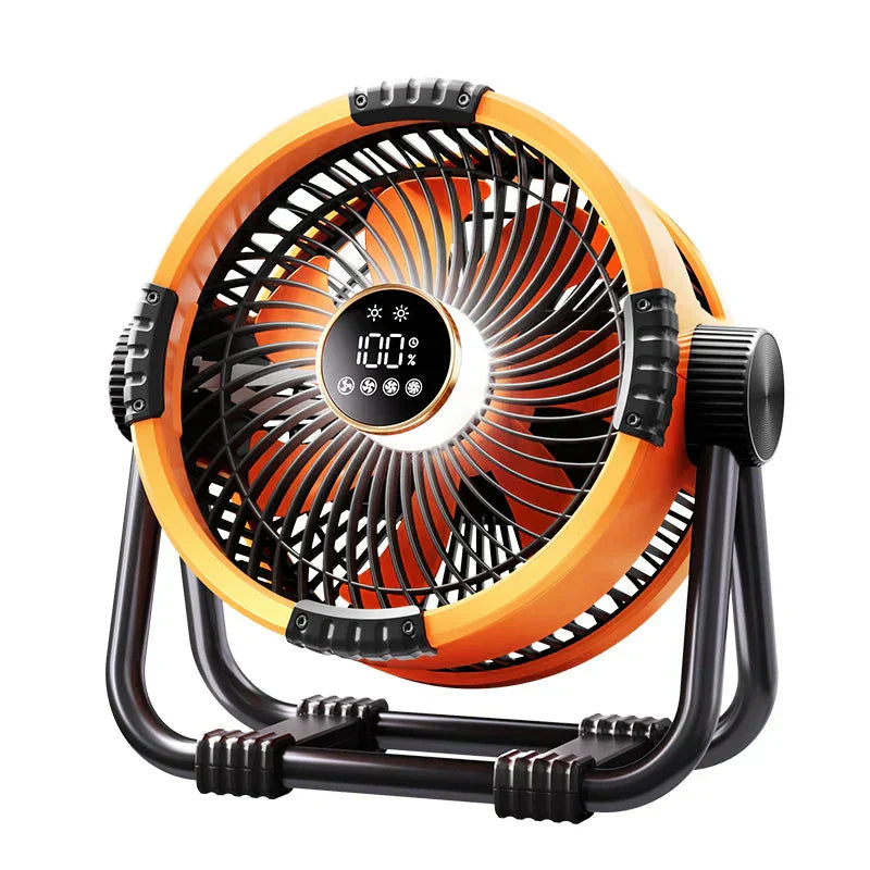 Orange and black fan with digital display on a white background