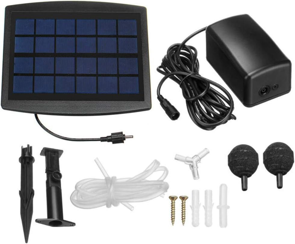 Solar panel, battery, and various components for an outdoor water feature on a white background