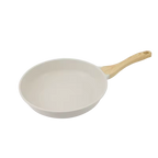 White frying pan with a wooden handle on a white background