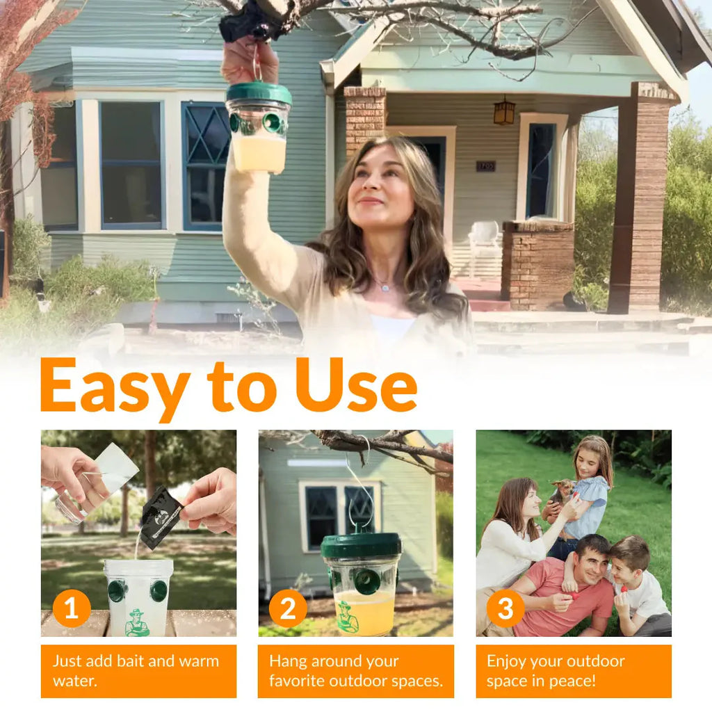 Woman holding a container with a house in the background, featuring text 'Easy to Use' and steps for using the product.