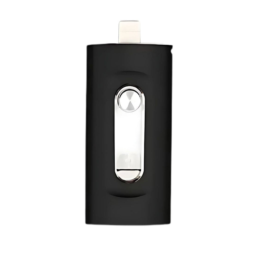 Black electronic device with metallic accents on a white background