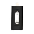 Black electronic device with metallic accents on a white background