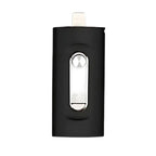 Black electronic device with metallic accents on a white background