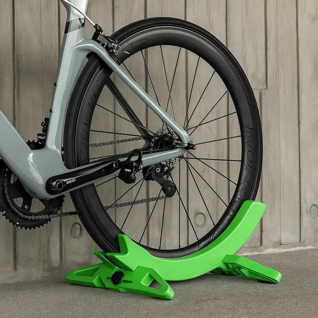Bicycle on a green stand against a wooden wall.