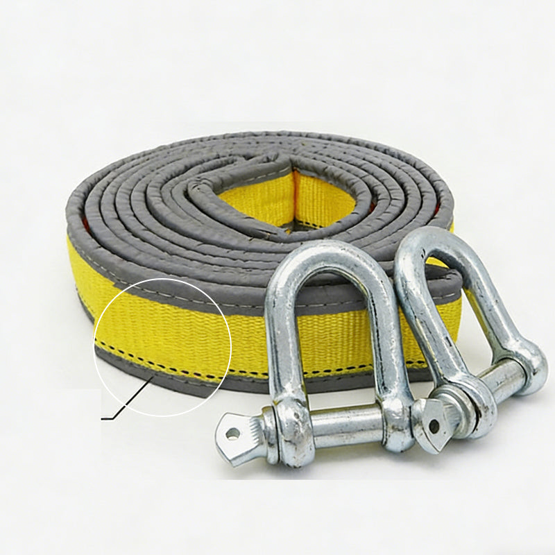 Gray and yellow strap with metal D-shaped hooks on a white background