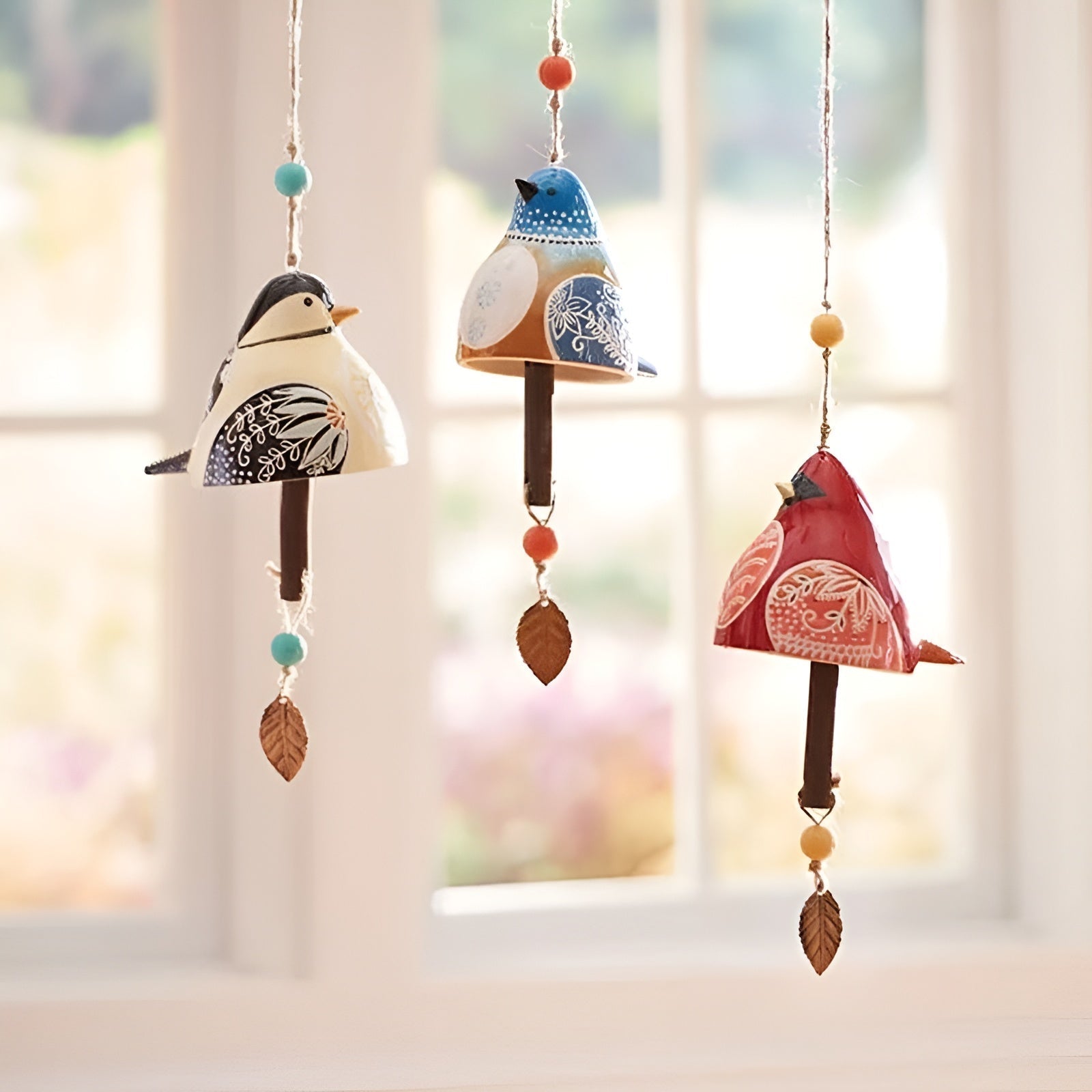Decorative wind chimes with bird designs against a blurred window background