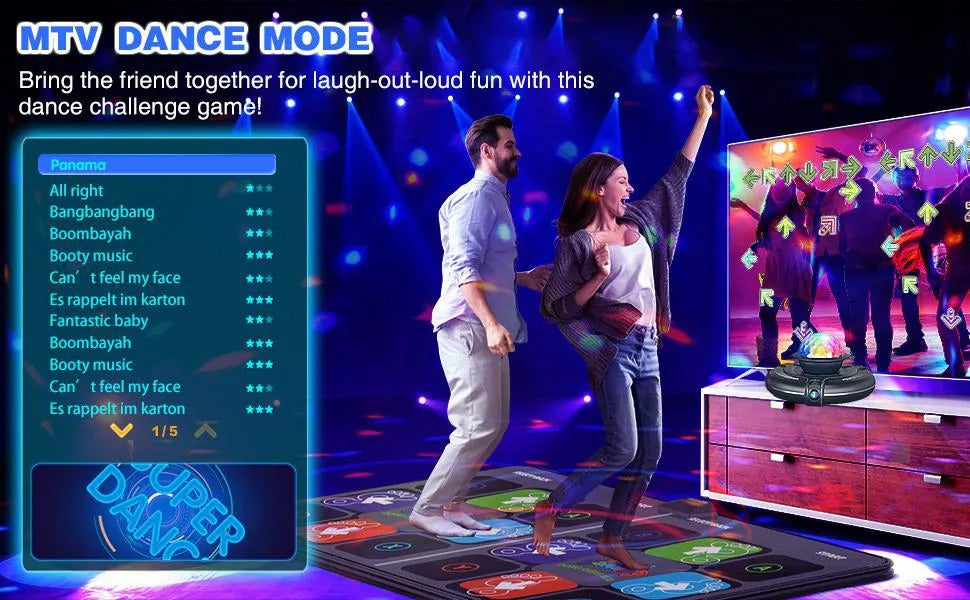 Two people dancing on a dance mat with a screen displaying music options and game details.