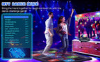 Two people dancing on a dance mat with a screen displaying music options and game details.