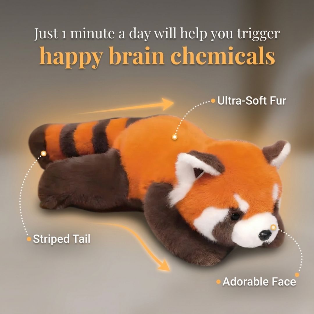 Plush red panda toy with text about happy brain chemicals on a gray background