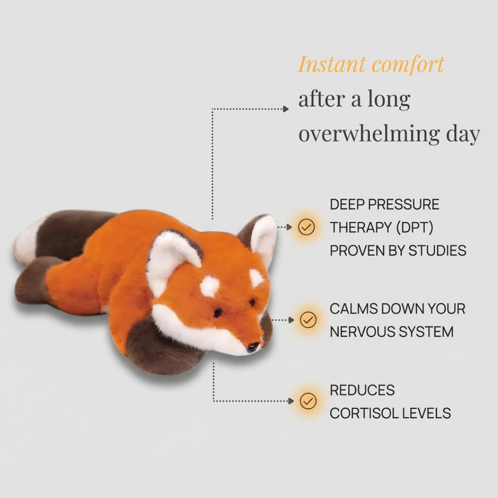 Plush red panda toy with text about deep pressure therapy on a light gray background