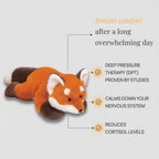 Plush red panda toy with text about deep pressure therapy on a light gray background