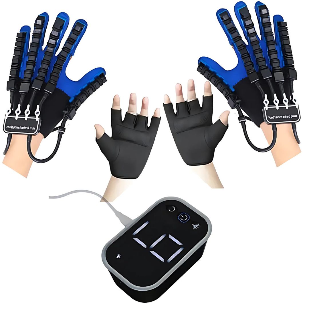 Pair of black and blue fingered gloves with a digital controller on a white background