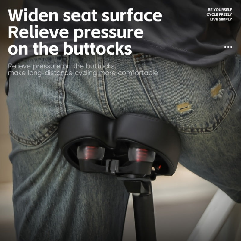 Close-up of a bike seat with text highlighting its benefits