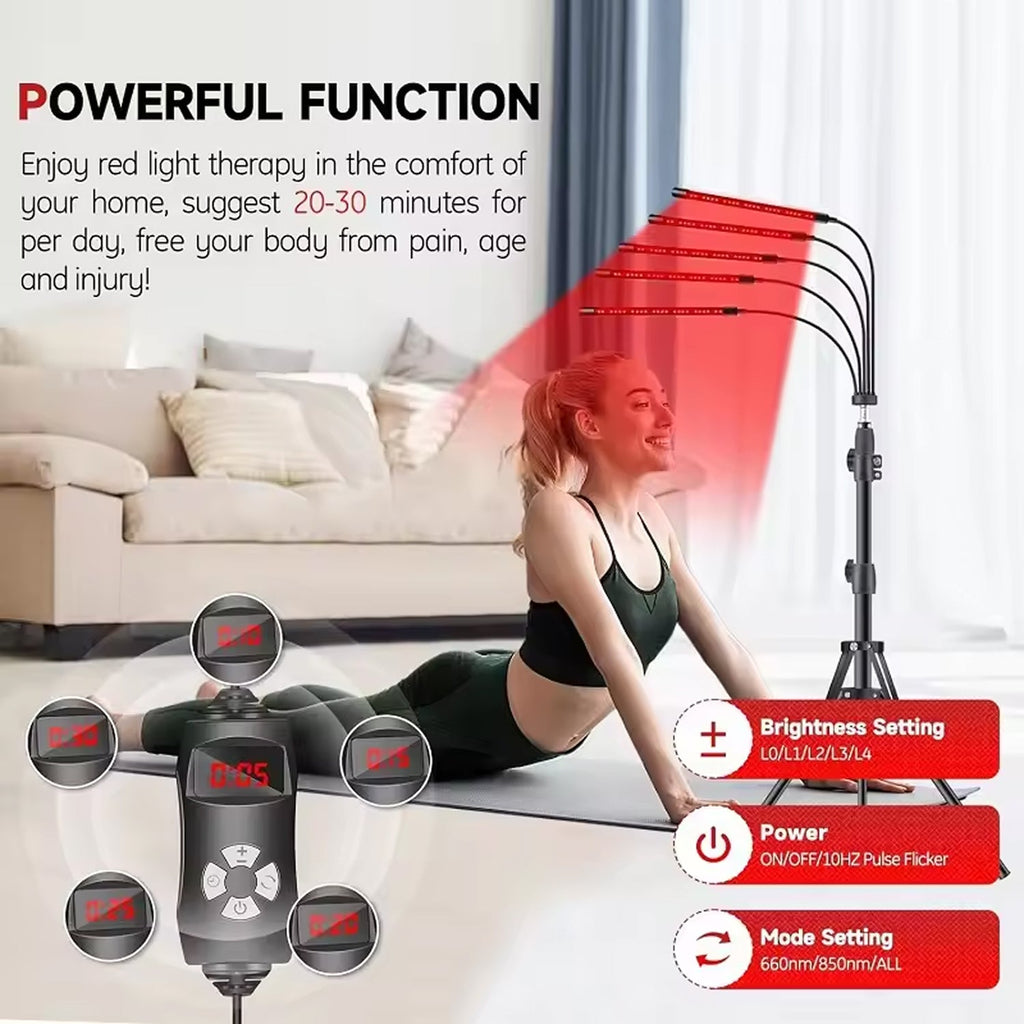 Woman receiving red light therapy in a home setting with text about its benefits.