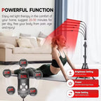 Woman receiving red light therapy in a home setting with text about its benefits.