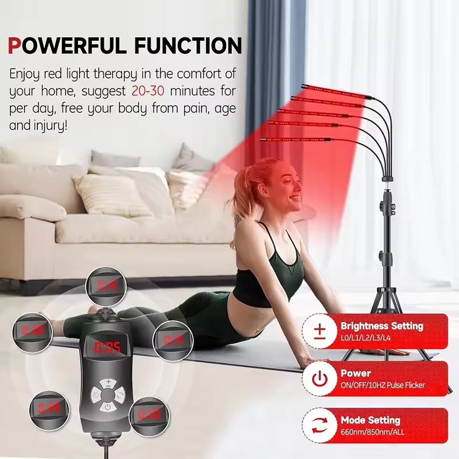 Woman receiving red light therapy in a home setting with text about its benefits.