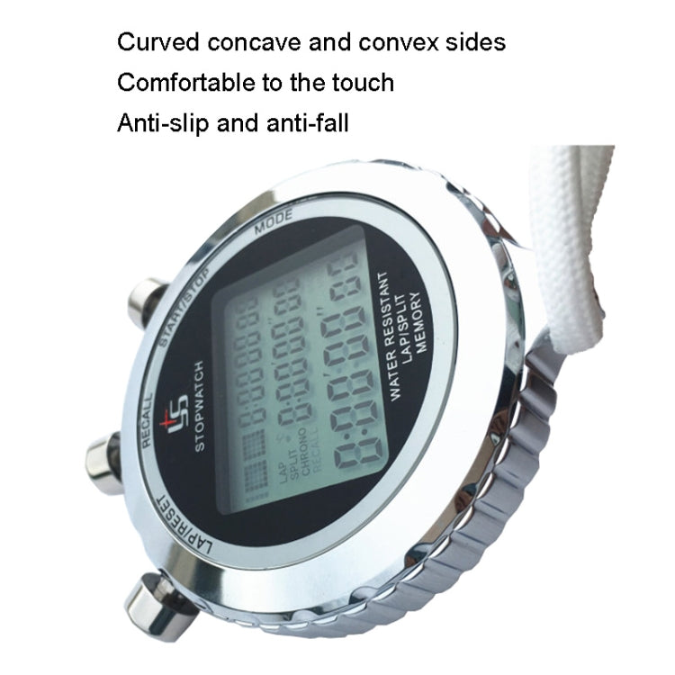 Digital stopwatch with curved concave and convex sides on a white background