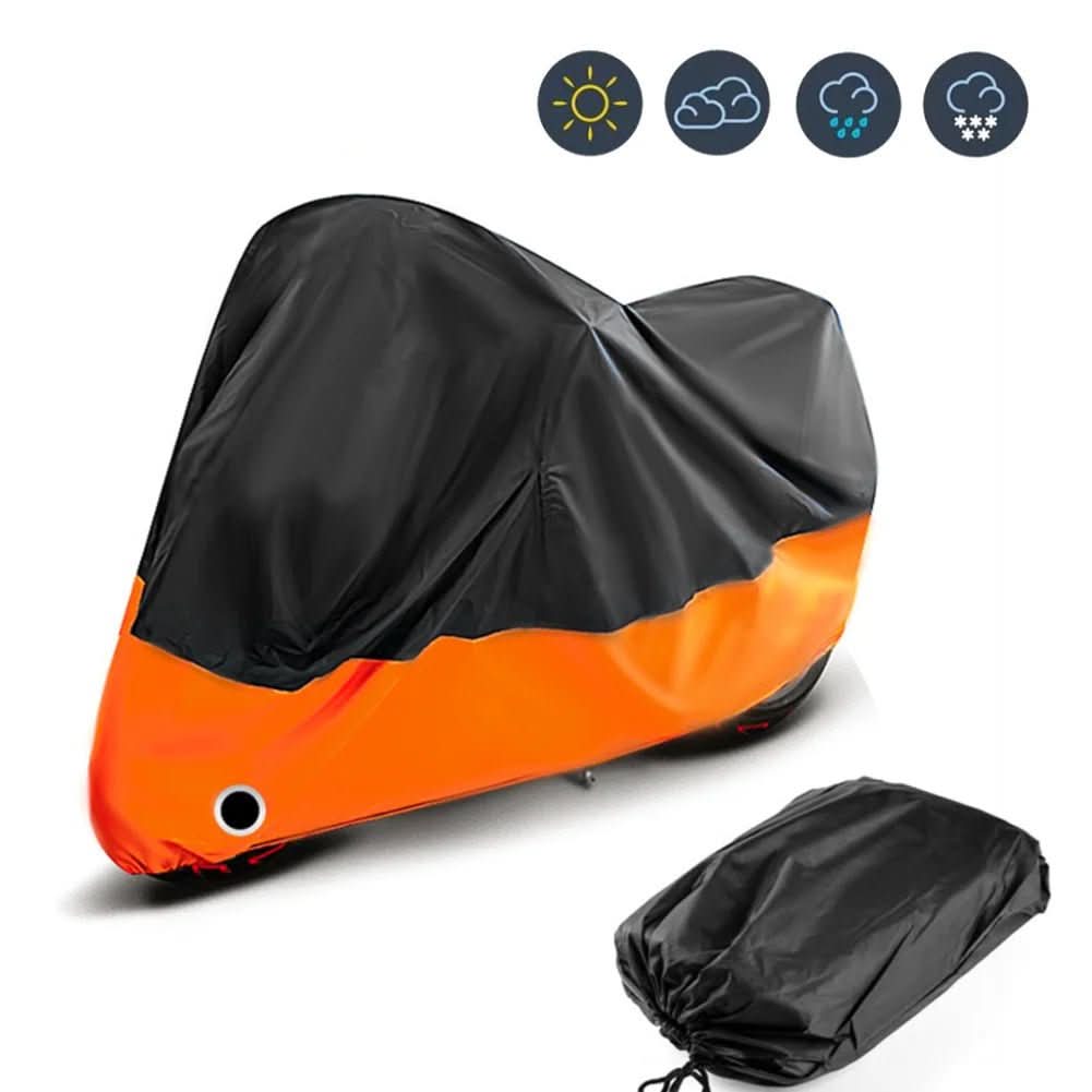 Black and orange motorcycle cover with weather symbol icons on a white background