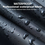 Waterproof fabric with water droplets and text highlighting its properties.