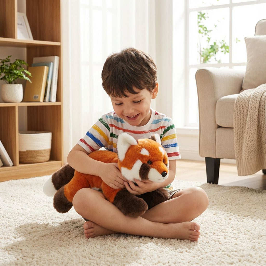 Child holding a plush toy in a cozy living room