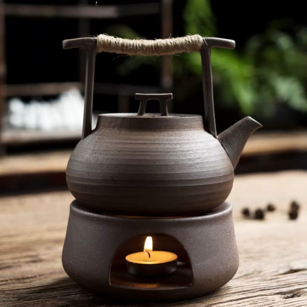 Ceramic teapot with a built-in candle holder on a wooden surface.